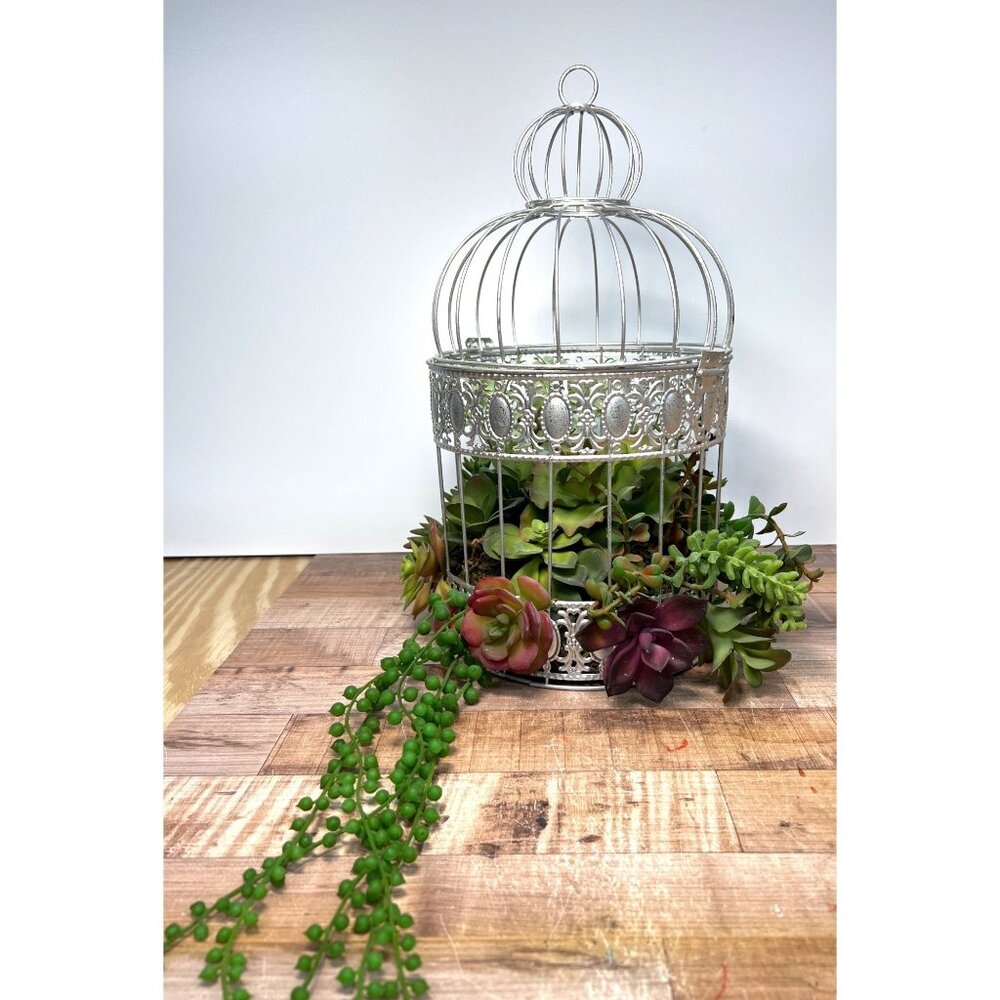 Silver Decorative Birdcage With Artificial Succulents Unique Centerpiece